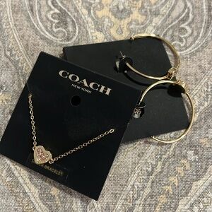 NEW Authentic Coach Pavé Heart Slider Bracelet and Pavé Heart hoop earring set